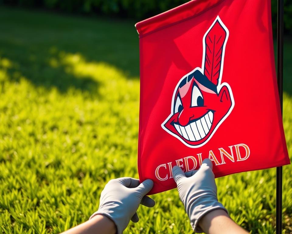 A vibrant Cleveland Indians garden flag billowing in a warm, gentle breeze. The deep red and blue hues of the iconic logo and text stand out against a lush, verdant backdrop of meticulously manicured grass. Soft, diffused natural light casts a soothing glow, highlighting the intricate details and textures of the sturdy, weather-resistant fabric. In the foreground, a pair of gloved hands tenderly tending to the flag, ensuring it remains in pristine condition - free of wrinkles, stains, or fading. The overall scene conveys a sense of pride, care, and dedication to preserving this officially licensed piece of Cleveland sports memorabilia.