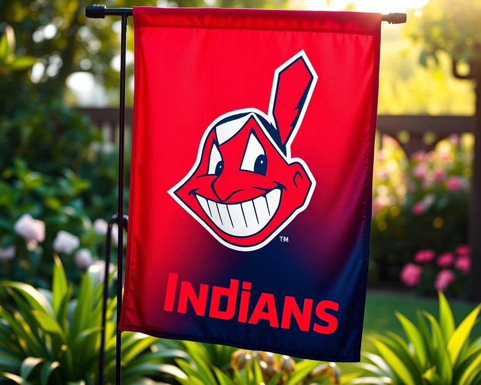 A vibrant Cleveland Indians garden flag, its vivid colors and intricate design illuminated by soft, natural lighting. The foreground features the iconic Cleveland Indians logo, emblazoned on a high-quality polyester fabric that flutters gently in the breeze. The middle ground showcases the bold, red and navy blue color scheme, complemented by crisp white accents. In the background, a lush, verdant garden setting provides a peaceful, relaxing ambiance, creating a harmonious and visually striking scene that celebrates the team's rich history and passionate fan base.