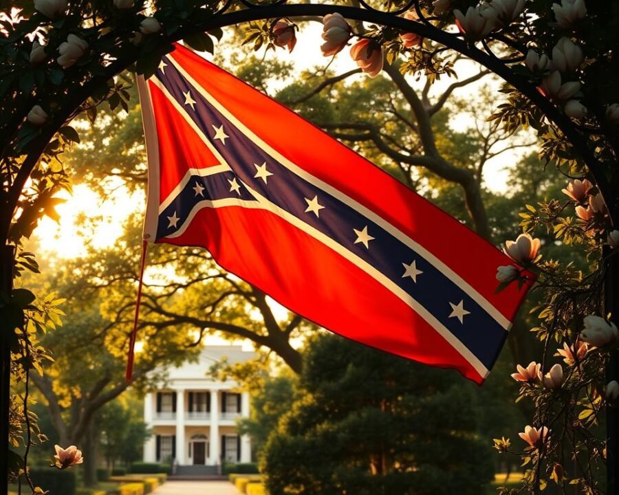 A vibrant Confederate battle flag swaying gently in a lush, verdant garden. The flag's bold red, white, and blue colors are illuminated by warm, golden sunlight filtering through the canopy of blooming magnolia trees. In the foreground, a wrought-iron garden arbor adorned with climbing jasmine vines frames the scene, while the background reveals a picturesque Southern manor house in the distance. The overall atmosphere evokes a sense of timeless Southern heritage and graceful, antebellum elegance.