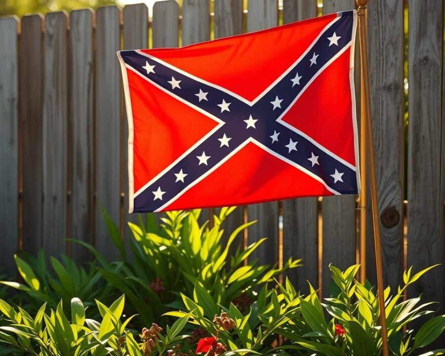 A vibrant Confederate garden flag proudly fluttering in the sunlight, its intricate design casting a patriotic shadow on the lush greenery below. The flag's bold colors and proud stars stand out against a backdrop of a rustic wooden fence, weathered by time and the elements. The scene exudes a sense of Southern heritage and outdoor charm, inviting visitors to embrace their regional pride. Warm, natural lighting bathes the scene, creating a welcoming and inviting atmosphere. The overall composition emphasizes the flag's central role in showcasing the homeowner's connection to their Confederate roots.