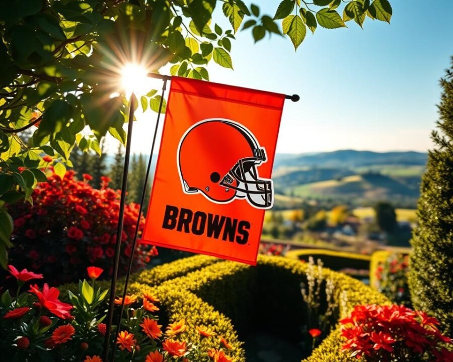 A vibrant and boldly colored Cleveland Browns garden flag, proudly displayed against a lush, verdant backdrop. The flag's design features the iconic Browns logo and team colors, creating a striking and eye-catching visual. Sunlight gently filters through the leaves of surrounding foliage, casting a warm, natural glow upon the scene. The flag is positioned in the foreground, its crisp and well-defined details capturing the essence of Cleveland Browns fandom. The middle ground is filled with a beautifully manicured garden, complete with vibrant flowers and neatly trimmed hedges, framing the flag in a visually appealing manner. In the background, a picturesque landscape unfolds, with rolling hills and a clear blue sky, creating a serene and inviting atmosphere for this celebration of Cleveland Browns pride.