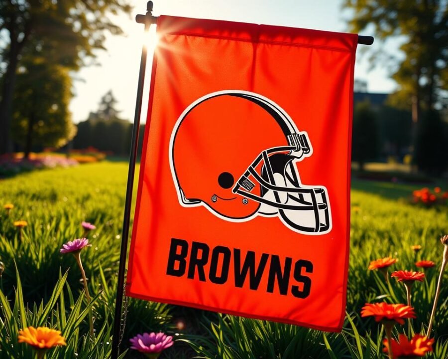 A vibrant and detailed Cleveland Browns garden flag, featuring the iconic Browns logo prominently displayed on a rich orange background. The flag is framed by a lush, verdant garden setting, with carefully manicured grass and colorful flowers dotting the landscape. The sun casts a warm, golden glow, illuminating the flag's vivid hues and creating a sense of pride and team spirit. The composition is captured from a low angle, emphasizing the flag's size and dominant presence in the scene. The overall mood is one of excitement and team devotion, perfectly capturing the essence of a dedicated Cleveland Browns fan's outdoor display.