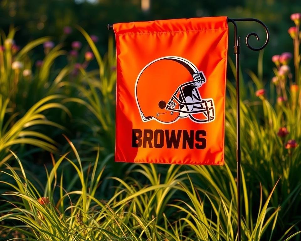 A vibrant and detailed Cleveland Browns garden flag, illuminated by warm afternoon light. In the foreground, the flag's prominent orange and brown colors stand out against a lush, verdant background of swaying grass and blooming flowers. The Cleveland Browns logo is boldly displayed, crisp and clean. The flag is mounted on a sturdy, yet elegant metal pole, casting a soft shadow that adds depth and dimension to the scene. The overall composition exudes a sense of team pride, outdoor leisure, and a welcoming, inviting atmosphere, perfect for any Cleveland Browns fan's garden or patio.