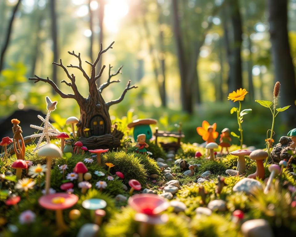 A vibrant and enchanting DIY fairy garden miniature scene, filled with whimsical elements. In the foreground, a lush, verdant landscape with delicate flowers, mushrooms, and tiny figurines like fairies, gnomes, and woodland creatures. The middle ground showcases a charming DIY treehouse or cottage, crafted from natural materials like twigs, moss, and pebbles. In the background, a serene forest with dappled sunlight filtering through the trees, creating a warm, magical atmosphere. Lighting is soft and diffused, with a touch of sparkle and shimmer to enhance the fairy-tale ambiance. The composition is balanced and inviting, drawing the viewer into this captivating miniature world.