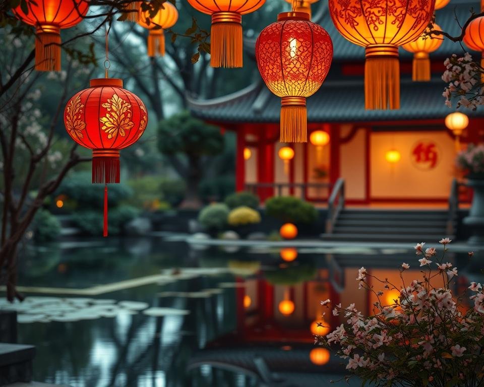 A vibrant and enchanting scene of Chinese lanterns floating softly amidst a serene Chinese garden. The lanterns are meticulously crafted, with intricate patterns and warm, glowing lights that illuminate the tranquil setting. In the foreground, a cluster of lanterns in hues of red, gold, and paper white hover gracefully, their reflections dancing on a still pond. In the middle ground, lush greenery and delicate blossoms frame the scene, creating a sense of balance and harmony. The background features a traditional Chinese pavilion and stone pathways, bathed in a warm, diffused lighting that evokes a sense of timelessness and cultural heritage. The overall atmosphere is one of peaceful contemplation and the celebration of ancient traditions.