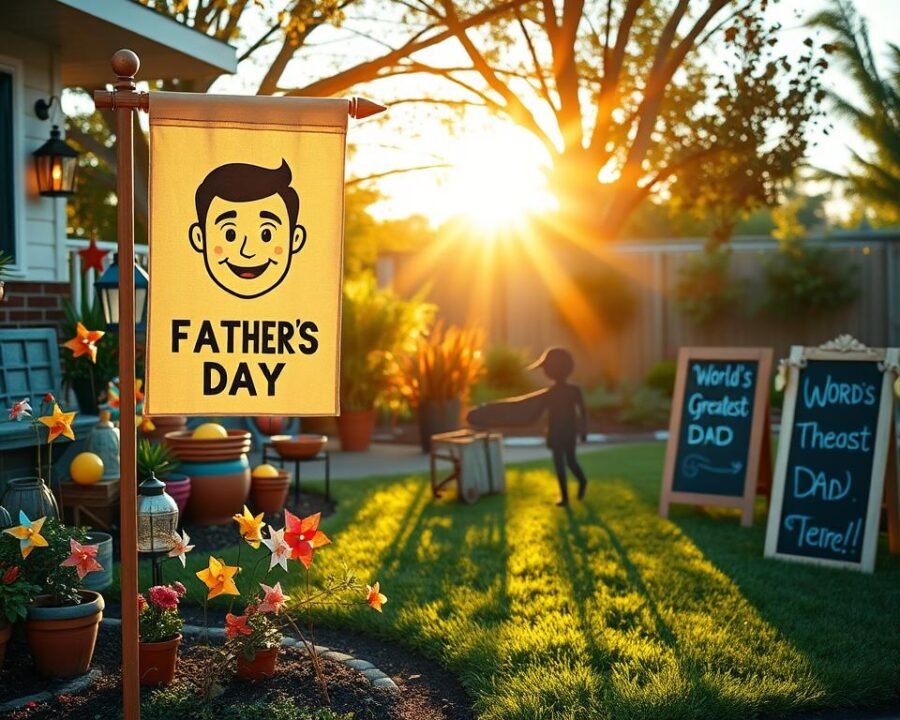 A vibrant and festive Father's Day yard decor scene. In the foreground, a large, wooden garden flag stake proudly displays an illustration of a smiling dad. The flag itself features a modern, minimalist design with bold text celebrating the holiday. Surrounding the flag, a mix of colorful outdoor decor items like pinwheels, lanterns, and potted plants create a lively, playful atmosphere. The middle ground showcases a neatly trimmed lawn dotted with whimsical garden ornaments - a metal Dad silhouette, a &quot;World's Greatest Dad&quot; sign, and a chalkboard with a heartfelt message. In the background, a warm, golden glow from the afternoon sun illuminates the scene, casting long shadows and creating a cozy, inviting ambiance. The overall mood is one of celebration, love, and appreciation for the special father figure.
