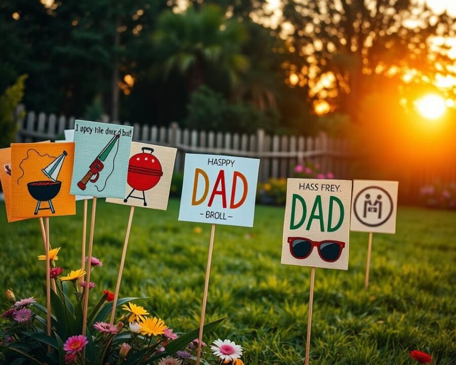 A vibrant and whimsical garden scene, featuring an assortment of handcrafted &quot;dad themed&quot; garden flags. In the foreground, an array of colorful flags adorned with playful illustrations and text celebrating fatherhood - a fishing rod, a grill, a toolbox, a pair of sunglasses. The middle ground showcases a lush, verdant lawn dotted with flowering plants and a weathered wooden fence. In the background, a warm, golden-hued sunset casts a soft, inviting glow over the entire setting. The overall mood is one of family, joy, and appreciation for the special fathers in our lives. The image is captured through a wide-angle lens, creating a sense of depth and immersion.
