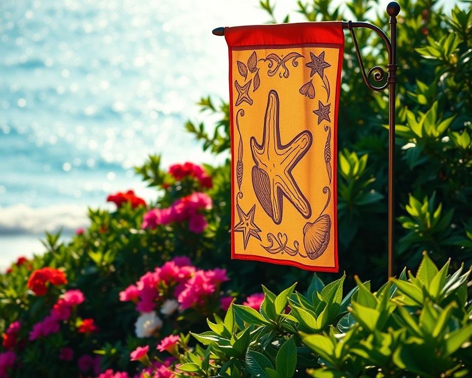 A vibrant coastal garden flag fluttering gently in the sea breeze, its intricate seashell and starfish motifs catching the warm afternoon sunlight. The flag stands tall against a backdrop of lush, verdant foliage typical of a well-tended seaside garden, with clusters of colorful flowers adding pops of brightness. In the distance, a glimpse of the shimmering azure ocean can be seen, hinting at the calming, rejuvenating power of the coastal environment. The overall scene evokes a sense of tranquility, inviting the viewer to step into this serene oasis and connect with the natural beauty of the seaside. A vibrant coastal garden flag fluttering gently in the sea breeze, its intricate seashell and starfish motifs catching the warm afternoon sunlight. The flag stands tall against a backdrop of lush, verdant foliage typical of a well-tended seaside garden, with clusters of colorful flowers adding pops of brightness. In the distance, a glimpse of the shimmering azure ocean can be seen, hinting at the calming, rejuvenating power of the coastal environment. The overall scene evokes a sense of tranquility, inviting the viewer to step into this serene oasis and connect with the natural beauty of the seaside.