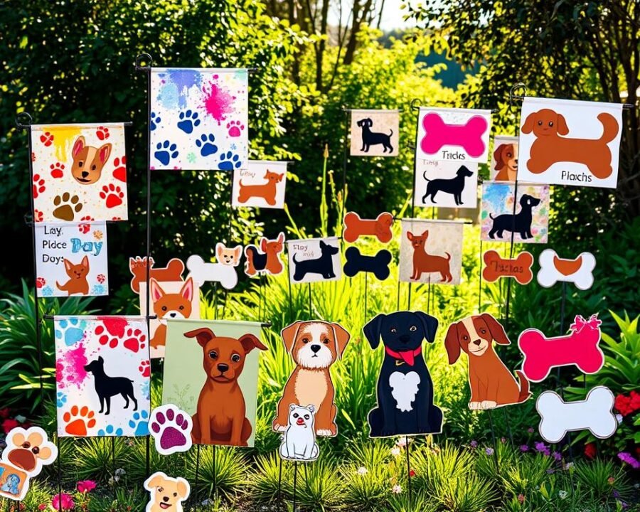 A vibrant display of custom dog garden flags, each one a unique expression of canine personality and style. In the foreground, a collection of artfully designed flags adorned with whimsical paw prints, playful silhouettes, and vivid splashes of color. The middle ground showcases a variety of shapes and sizes, from traditional rectangular designs to quirky, bone-shaped alternatives, all meticulously crafted to capture the essence of a beloved four-legged companion. The background features a lush, verdant garden setting, with sunlight filtering through the foliage and casting a warm, inviting glow upon the personalized flags. The overall scene conveys a sense of joy, creativity, and the deep bond between dog owners and their furry friends.