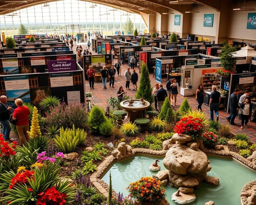 A vibrant display of garden and landscaping exhibitor booths at the Colorado Home & Garden Show. The foreground features an array of lush plants, colorful flowers, and artfully designed water features. In the middle ground, personalized landscape design services are showcased through scale models and interactive displays. The background depicts a panoramic view of the bustling event, with attendees strolling past booths adorned with banners and signage. The scene is illuminated by warm, natural lighting that casts a welcoming glow, accentuating the overall sense of creativity and inspiration. The atmosphere exudes a harmonious blend of horticultural expertise and community engagement.