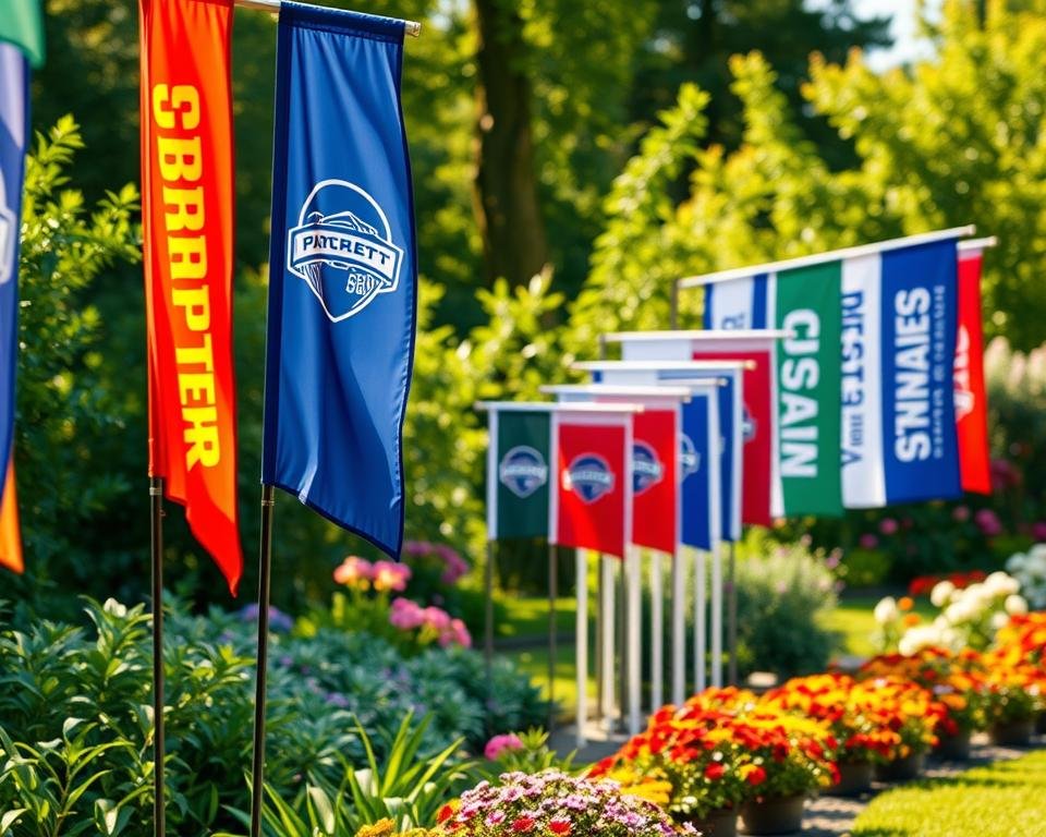 A vibrant display of team garden flags, showcasing various sizes and designs. In the foreground, a row of brightly colored flags flutter in a gentle breeze, their intricate team logos and patterns catching the eye. In the middle ground, a neatly organized arrangement of different-sized flags stands tall, inviting visitors to explore the range of options. The background features a lush, verdant garden setting, with blooming flowers and lush foliage providing a natural, inviting backdrop. The lighting is warm and natural, casting a soft, golden glow over the scene, creating a welcoming and spirited atmosphere.
