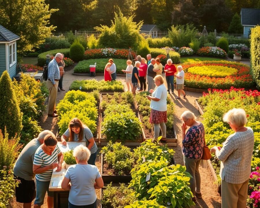 A vibrant garden abuzz with the Chapel Hill Garden Club's lively activities. In the foreground, members gather around a long table, engaged in a hands-on planting workshop. Mid-ground, a group of gardeners carefully tend to a lush vegetable patch, while in the background, a beautifully manicured flower border frames the scene, bathed in warm, golden sunlight. The atmosphere is one of community, collaboration, and a deep appreciation for the natural world, capturing the essence of the club's mission to cultivate a thriving, sustainable garden paradise.