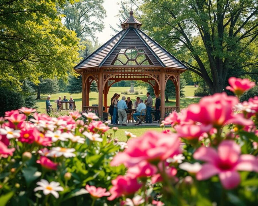 A vibrant garden scene unfolds, capturing the essence of the Chapel Hill Garden Club's upcoming events. In the foreground, a lush array of blooming flowers, their petals gently swaying in the warm summer breeze. The middle ground showcases a picturesque gazebo, its intricate wooden structure serving as a backdrop for a group of attendees engaged in a lively workshop. Beyond, the background reveals a well-manicured lawn dotted with trees, their verdant canopies casting a soft, natural light across the entire scene. The overall mood is one of tranquility and community, inviting visitors to immerse themselves in the club's passion for horticulture and the beauty of the natural world.