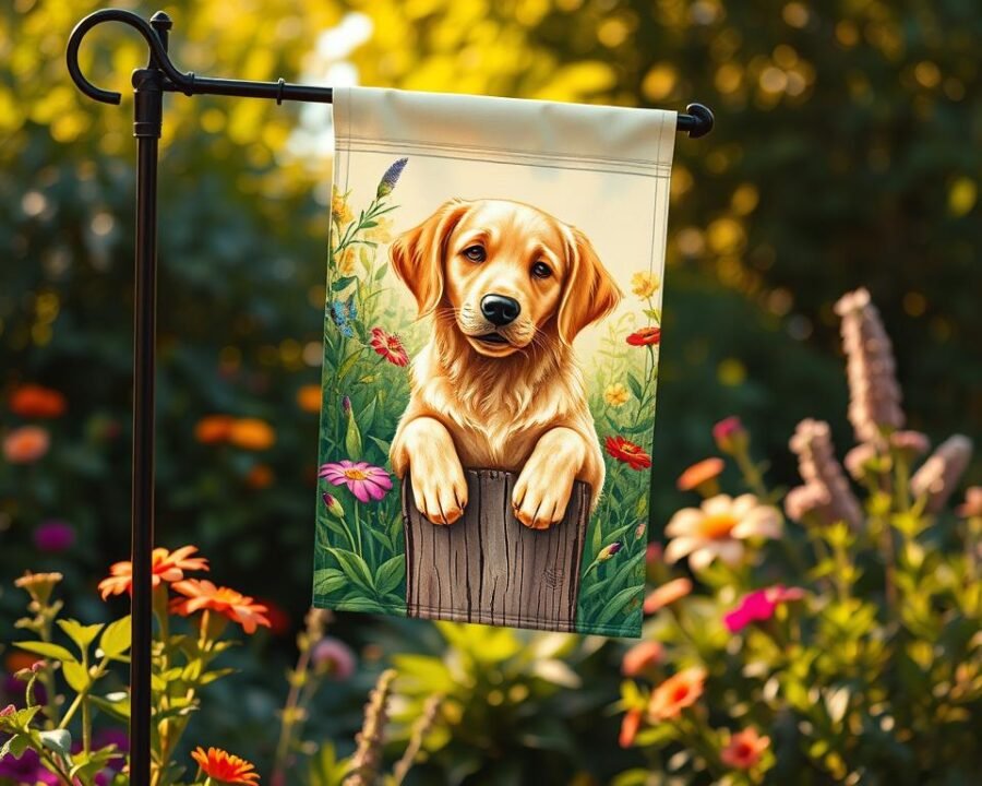A vibrant, hand-painted dog garden flag displayed in a lush, natural setting. The flag features a friendly golden retriever centered in the middle, with its paws resting on a wooden post amidst a backdrop of verdant foliage and colorful flowers. The lighting is warm and soft, casting a gentle glow over the scene. The flag's image is crisp and detailed, ensuring a high-quality display that captures the spirit of a welcoming, pet-friendly outdoor space. A sense of whimsy and charm pervades the composition, inviting passersby to stop and admire the charming, dog-themed decor.