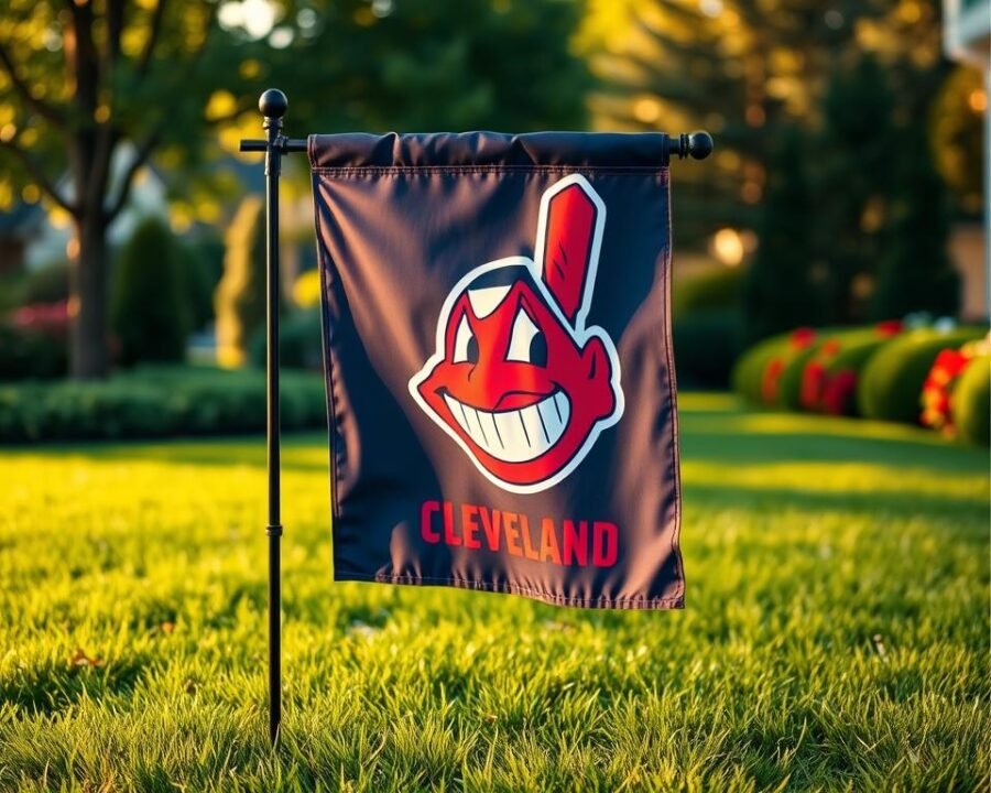A vibrant, officially licensed Cleveland Indians garden flag, displayed on a lush, verdant lawn. The flag's bold team logo and colors stand out against the trimmed grass, creating a welcoming and patriotic scene. The flag is gently rippling in a soft, ambient breeze, casting dynamic shadows and highlights across the surface. The lighting is natural, with warm, golden tones from the sun filtering through the surrounding foliage. The composition places the flag prominently in the foreground, with the middle ground filled by the well-maintained lawn, and the background subtly hinting at a peaceful, residential neighborhood. The overall atmosphere evokes a sense of team pride, outdoor enjoyment, and subtle patriotism.