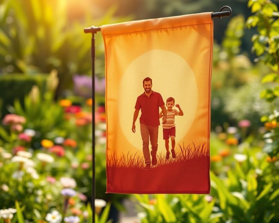 A vibrant, sun-dappled garden flag gently fluttering in the breeze. The design features a warm, sepia-toned illustration of a father and child joyfully walking through a lush, verdant landscape, their silhouettes cast in soft, diffused lighting. The flag's fabric has a subtle, weathered texture, evoking a sense of timeless nostalgia. In the background, a picturesque garden blooms with colorful flowers and verdant foliage, creating a serene, inviting atmosphere. The overall composition conveys a heartfelt, sentimental celebration of fatherhood and the cherished bond between parent and child.