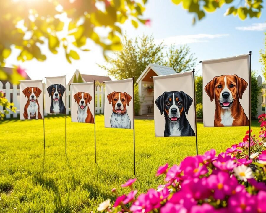 A vibrant, sun-dappled garden scene showcasing a collection of custom-designed dog garden flags. In the foreground, a variety of whimsical, hand-painted flags flutter gently in a soft breeze, each featuring a unique, breed-specific canine portrait. The middle ground features a lush, verdant lawn dotted with colorful blooms, while the background is filled with a charming, picket-fenced yard and a tranquil blue sky. The overall mood is one of joyful, personalized style that celebrates the special bond between dog owners and their beloved companions.
