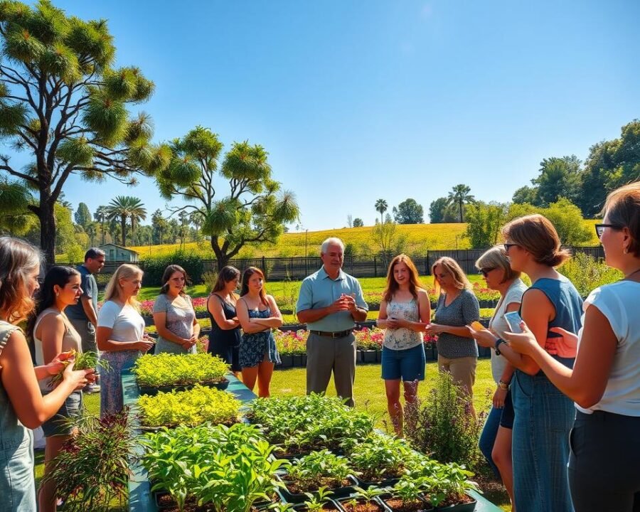 A vibrant, sun-drenched outdoor scene showcasing a series of gardening workshops. In the foreground, a group of enthusiastic gardeners gathers around a display table, examining an array of lush houseplants and seedlings. In the middle ground, an instructor gestures animatedly, leading a hands-on demonstration on container gardening. In the background, a verdant landscape frames the scene, with towering trees, blooming flower beds, and a clear blue sky overhead, illuminated by warm, natural lighting. An atmosphere of community, learning, and the joy of gardening pervades the entire composition.
