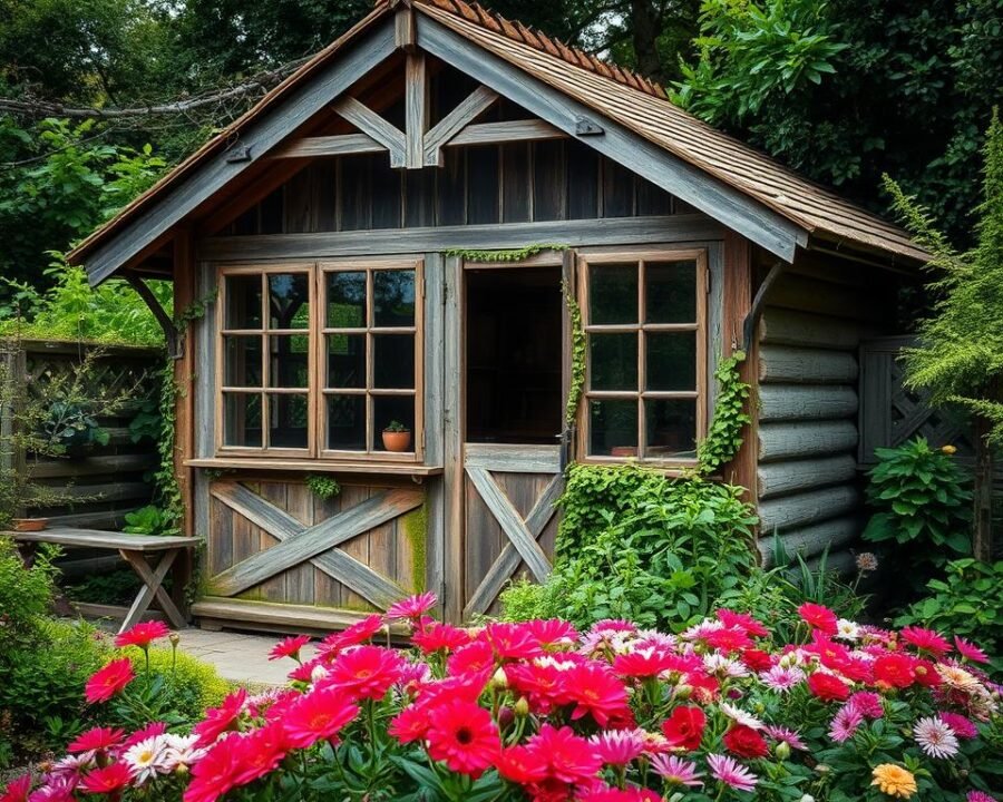 A weathered, rustic English garden shed nestled amidst lush greenery. The structure features handcrafted wooden beams, a gabled roof, and large windows that flood the interior with natural light. The shed's exterior is adorned with climbing vines and mossy stones, blending seamlessly with the surrounding landscape. In the foreground, a well-tended flower bed bursts with vibrant blooms, creating a picturesque scene. The overall composition evokes a sense of tranquility and timeless charm, perfectly capturing the essence of an essential feature in an English garden.