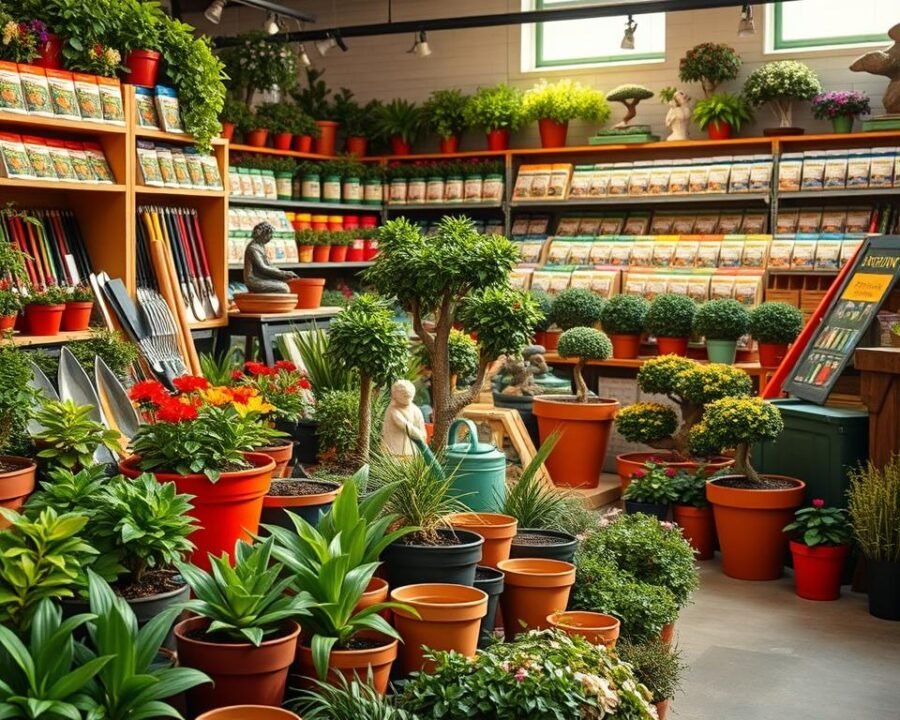 A well-lit, meticulously curated display showcasing an assortment of premium gardening products. In the foreground, vibrant flower pots, sturdy trowels, and shear sets nestle among lush greenery. The middle ground features expertly pruned bonsai trees, decorative garden statues, and a vintage-inspired watering can. Filling the background, rows of high-quality seed packets, organic fertilizers, and ergonomic gardening tools convey the breadth of the collection. The warm, natural lighting creates a inviting, serene ambiance, highlighting the quality and craftsmanship of each item. A visually striking tableau that celebrates the beauty and utility of essential gardening essentials.