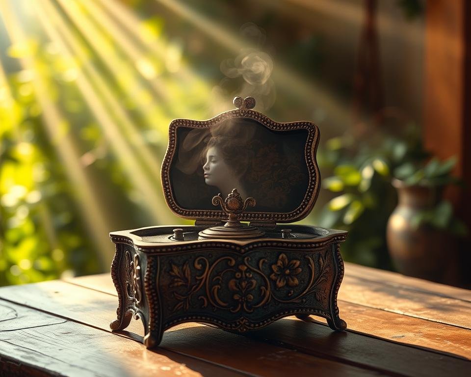 A whimsical, antique music box sits on a wooden table, its intricate metal mechanism gently turning and emitting a soothing, melodic tune. Soft, warm lighting casts a gentle glow, highlighting the delicate floral carvings adorning the box's surface. Rays of light filter through the dusty air, creating a dreamy, nostalgic atmosphere. The music box's music swells, transporting the viewer to a bygone era filled with enchantment and wonder. The scene is framed by a lush, verdant background, hinting at the tranquil, cottage-like setting evoked by the article's subject matter.