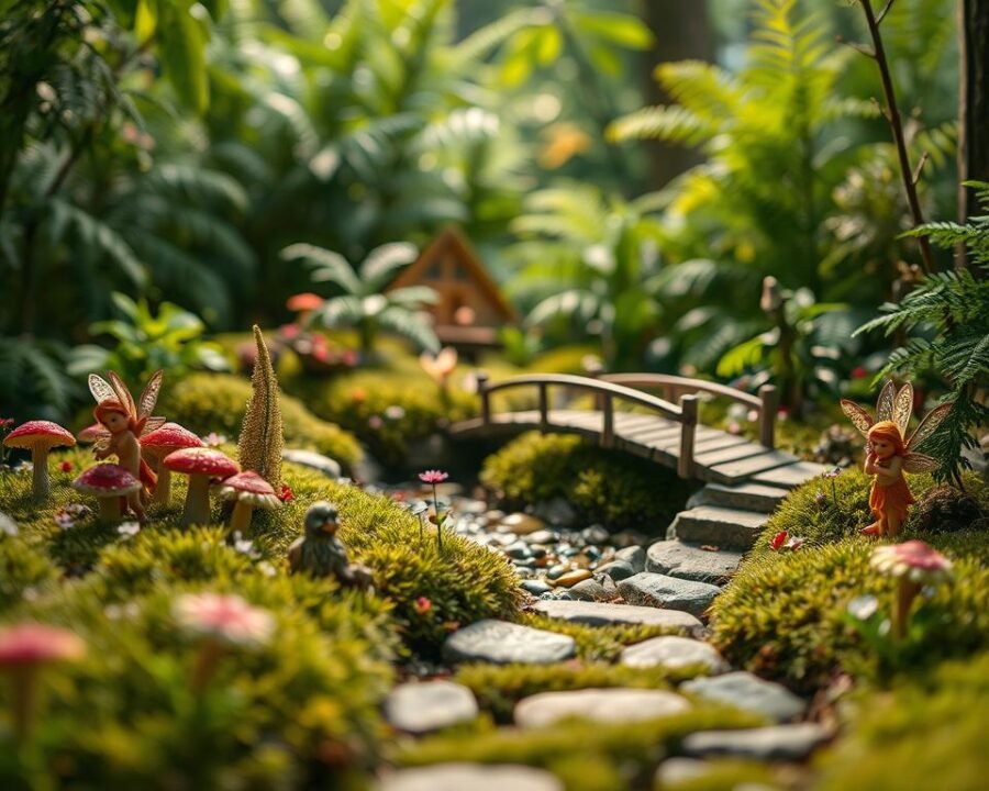 A whimsical fairy garden filled with delicate, hand-crafted miniatures. In the foreground, a tiny stone pathway winds through a lush carpet of moss and miniature wildflowers. Delicate fairy figurines, each with intricate, iridescent wings, sit atop mushroom stools and peep out from behind miniature trees. The middle ground features a babbling brook spanned by a quaint wooden bridge, its surface reflecting the dappled sunlight that filters through the canopy of leaves overhead. In the background, a verdant forest of towering ferns and enchanted flora frames the idyllic scene, creating a sense of magic and wonder. Soft, warm lighting casts a gentle glow, evoking a serene, dreamlike atmosphere.
