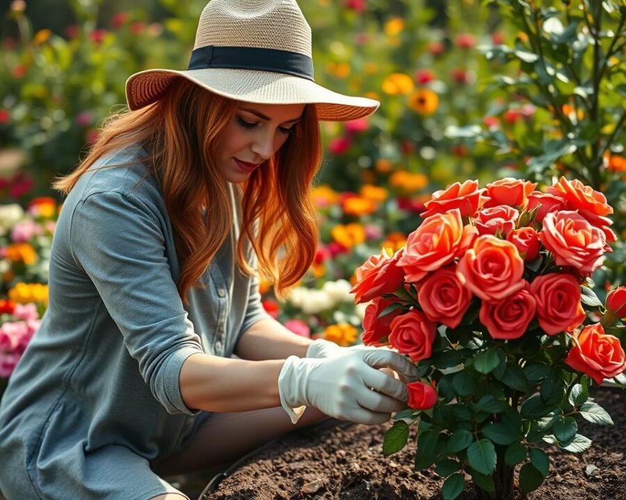 A woman with auburn hair, wearing a sun hat and gardening gloves, gently applying a balanced organic fertilizer to the soil around the base of a lush, vibrant Eugenie rose bush. The scene is set in a well-tended garden, with soft, natural lighting filtering through the surrounding foliage. The woman's expression is one of focused concentration as she tends to the plant, ensuring it receives the necessary nutrients for spectacular blooms. The background is filled with a tapestry of colorful flowers and verdant greenery, creating a serene and idyllic atmosphere.