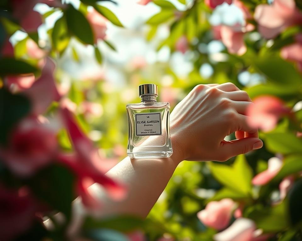 A woman's delicate hands gracefully applying Elysee Garden perfume to her wrists, the glass bottle reflecting the soft, natural light filtering through lush foliage in the background. Petals of vibrant flowers and verdant leaves frame the serene scene, creating an atmosphere of tranquility and elegance. The image is captured through a mid-range lens, with a shallow depth of field that gently blurs the surroundings, drawing the viewer's focus to the meticulous application of the fragrance. The overall mood is one of refinement, inviting the viewer to engage in the mindful ritual of indulging in the luxurious Elysee Garden perfume.