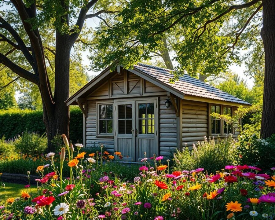 An English garden shed nestled in a lush, verdant landscape. The structure features classic timber framing, weathered wooden siding, and a charming pitched roof adorned with traditional tile. Sunlight filters through the windows, casting a warm, inviting glow over the scene. In the foreground, a well-tended garden bed spills with vibrant wildflowers, their colors dancing in the gentle breeze. Towering trees frame the shed, their branches providing dappled shade and creating an atmosphere of tranquility. The overall composition evokes a sense of timeless elegance and rural serenity, perfectly capturing the essence of an English garden shed.