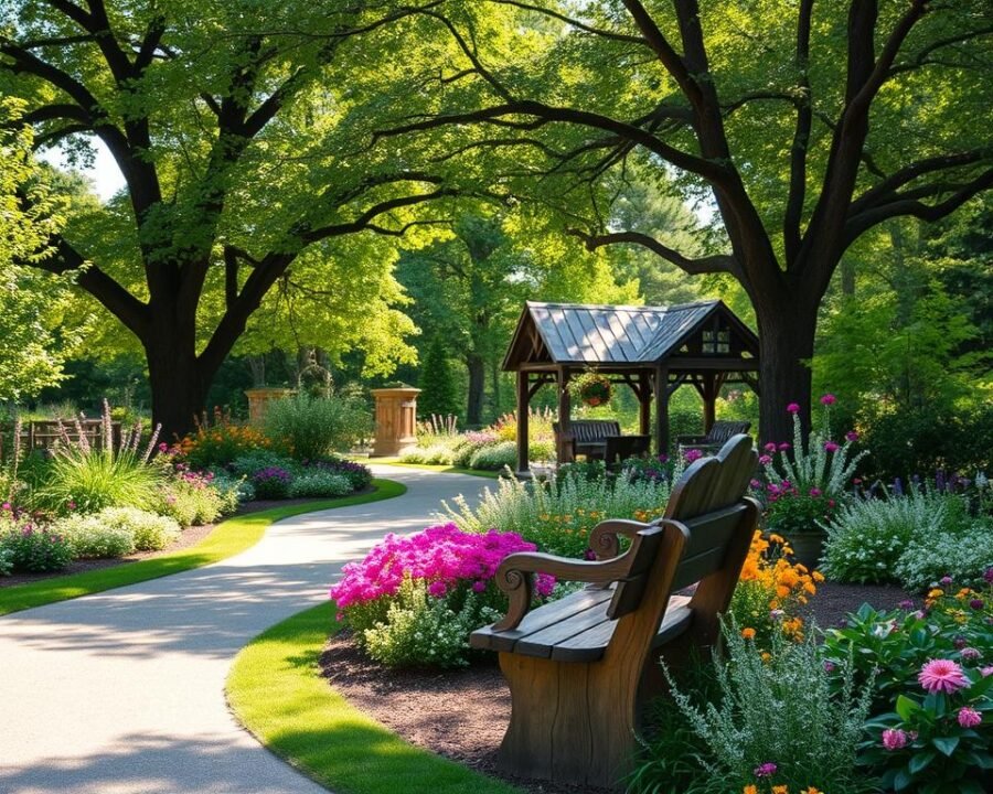 An enchanting outdoor event in the heart of East Aurora, featuring a breathtaking garden walk. A lush, verdant backdrop of towering trees and vibrant blooms sets the scene, bathed in the warm glow of natural sunlight filtering through the canopy. In the foreground, a winding path meanders through the meticulously manicured grounds, inviting visitors to explore the colorful display of carefully curated flora. Rustic wooden benches provide a serene vantage point to admire the harmonious symphony of colors and textures. This picturesque setting captures the essence of transforming an outdoor space into a tranquil oasis, inspiring guests to design their own serene sanctuary.