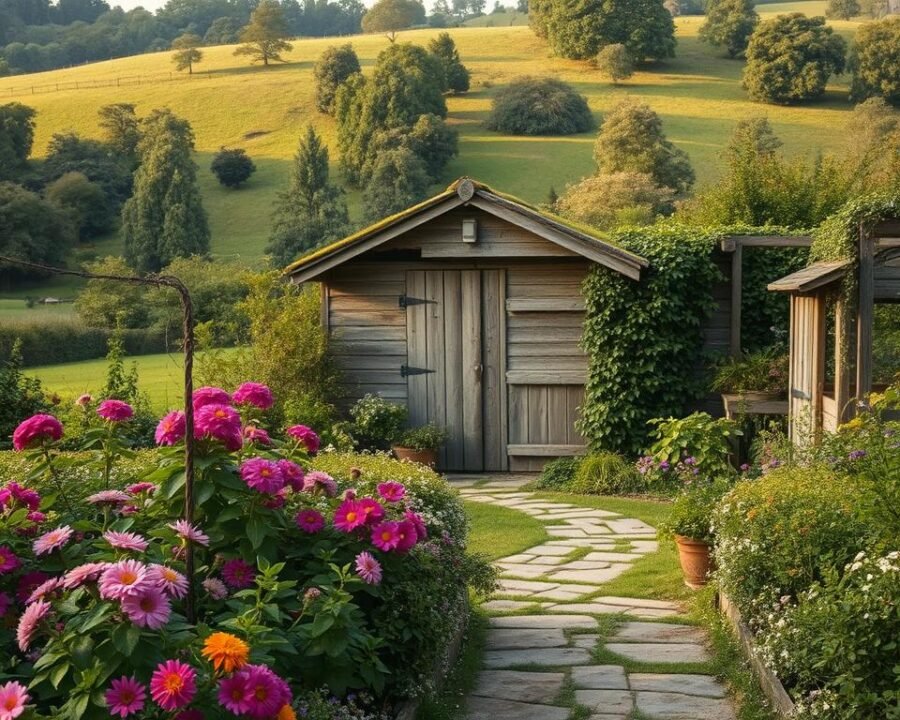 An old, weathered wooden garden shed nestled in a lush, overgrown English countryside. The structure has a rustic charm, with a moss-covered roof, crooked doors, and a worn patina. In the foreground, a well-tended flower bed spills over with vibrant blooms, their colors complementing the shed's natural tones. The middle ground features a winding stone path leading to the shed's entrance, surrounded by verdant foliage and trailing vines. In the background, a rolling hill dotted with mature trees creates a picturesque landscape, bathed in soft, golden afternoon light. The scene exudes a sense of timeless tranquility and the simple pleasures of countryside living.
