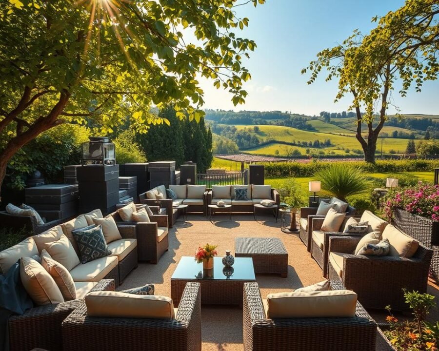 An outdoor furniture liquidation scene with a lush, verdant backdrop. In the foreground, a collection of discounted garden furniture - plush sofas, armchairs, and coffee tables arranged in a stylish, inviting layout. Sunlight filters through leafy trees, casting a warm, golden glow over the scene. In the middle ground, additional pieces are stacked and arranged, showcasing the variety of high-quality, ex-display items available at heavily reduced prices. The background features a serene, natural landscape - rolling hills, vibrant flowers, and a clear blue sky. The atmosphere is one of tranquility and opportunity, inviting the viewer to envision upgrading their outdoor oasis with these exceptional, budget-friendly finds.
