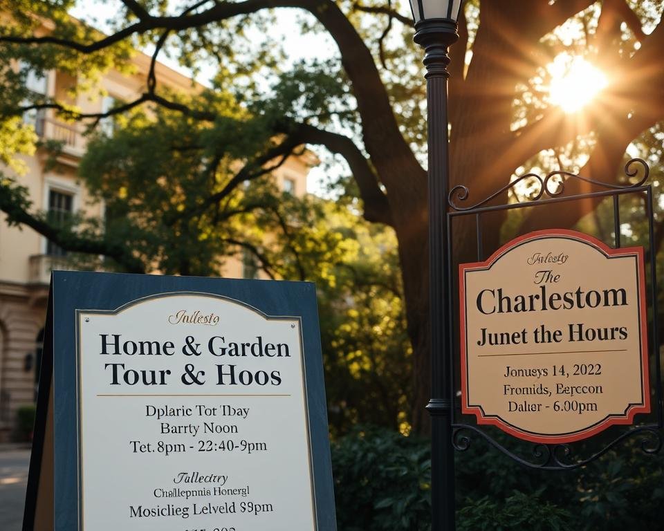 Charleston Home & Garden Tour 2024: elegant signs displaying tour dates and times, set against a backdrop of historic architecture and lush greenery. Warm sunlight filters through the trees, casting a soft glow on the signage. The scene evokes a sense of tradition and community, inviting visitors to plan their excursion through the charming streets of this picturesque Southern city.