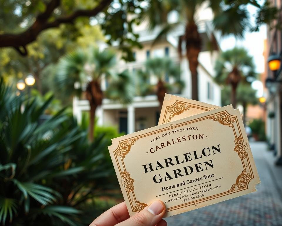 Charming Charleston home and garden tour tickets, set against a backdrop of lush greenery and historic architecture. A vintage-style design with intricate floral patterns, subtly aged textures, and an elegant, refined aesthetic. The tickets are held in the foreground, lit by soft, warm lighting that casts a welcoming glow. In the middle ground, a glimpse of a classic Charleston single house with ornate ironwork and a well-manicured garden. The background features the iconic palmetto trees and cobblestone streets that define the city's timeless charm. The overall mood is one of Southern hospitality, history, and the enchanting natural beauty of Charleston.