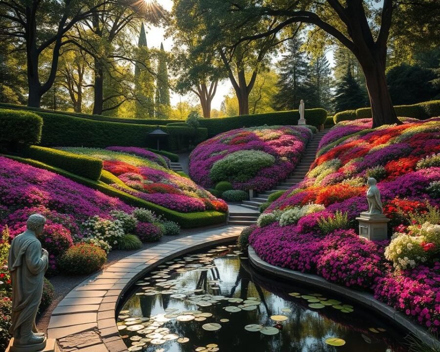 Concord garden in full bloom, a vibrant tapestry of colors and textures. Lush perennial beds cascade down gentle slopes, framed by immaculately pruned hedges and towering shade trees. In the foreground, a stone pathway winds through a serene koi pond, its surface dotted with lily pads. Sunlight filters through the canopy, casting a warm, golden glow over the scene. Classic garden statues stand watch, their weathered facades a testament to the passage of time. The overall atmosphere exudes a sense of timeless beauty and tranquility, inviting visitors to slow down and immerse themselves in the natural splendor.