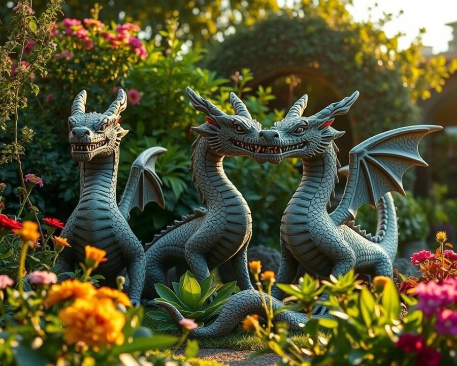 Detailed concrete dragon garden ornaments in a lush, verdant setting. Lifelike dragon figurines with intricate scales and fierce expressions stand tall among vibrant foliage and blooming flowers. Warm, natural lighting casts dramatic shadows, highlighting the textural details of the concrete. The dragons are positioned in a serene, inviting arrangement, creating a captivating focal point in the tranquil garden landscape. The overall atmosphere conveys a sense of enchantment and natural harmony, showcasing the beauty and benefits of these whimsical concrete dragon ornaments.