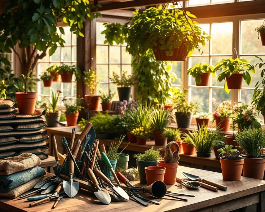 Gardening tips: A lush, vibrant scene of a well-equipped garden workshop. In the foreground, a table displays an array of gardening tools - trowels, pruners, and hand cultivators. Nearby, a stack of planting pots and bags of soil await enthusiastic gardeners. The middle ground showcases verdant potted plants and hanging baskets, their leaves and blooms casting a warm, inviting glow. In the background, a large window allows natural light to flood the space, illuminating the scene with a soft, golden hue. The overall atmosphere is one of nurturing growth, shared knowledge, and a passion for horticulture.