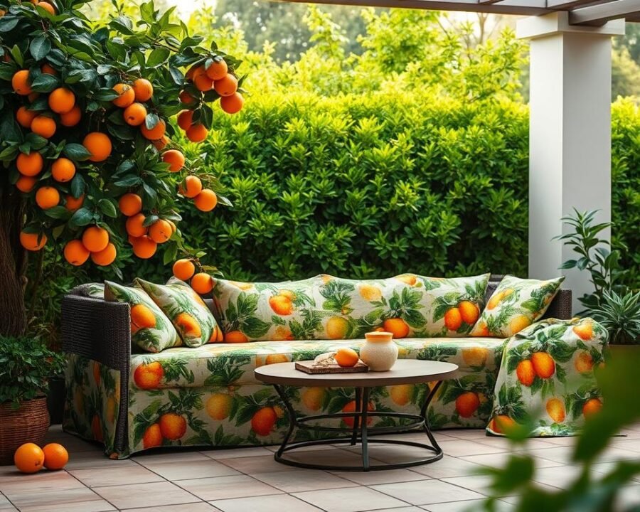 Lush citrus tree motif fabric adorning an outdoor lounge setting. Vibrant foliage and plump, sun-ripened fruit grace the intricately patterned material, creating a harmonious fusion of nature and design. Soft, diffused lighting gently illuminates the scene, casting warm hues and gentle shadows across the fabric's intricate details. The arrangement is positioned against a backdrop of verdant greenery, evoking the tranquil atmosphere of a secluded citrus garden. Carefully positioned to showcase the fabric's versatility and beauty, this scene invites the viewer to imagine transforming their own outdoor living space with the timeless charm of the citrus garden aesthetic.