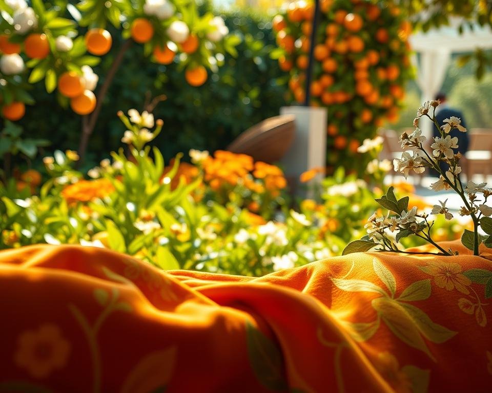 Lush, vibrant citrus garden fabric upholstery, its zesty hues and intricate floral patterns capturing the essence of summer. Soft, plush velvet textures in the foreground, subtly reflecting warm, natural lighting. A harmonious blend of earthy greens, sunshine yellows, and juicy oranges in the middle ground, complemented by delicate white blossoms. The background reveals a tranquil outdoor scene, with verdant foliage and a hint of a sun-dappled patio, inviting a sense of relaxation and rejuvenation. This captivating fabric design seamlessly integrates into a cozy, inviting living space, transforming it into a serene, citrus-infused oasis.