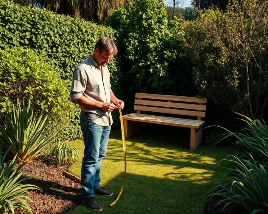 Measuring outdoor space for a chunky garden bench. A person in casual clothing stands in a lush, green backyard, a tape measure in hand, carefully assessing the dimensions of the designated area. The sun casts a warm, natural light, creating gentle shadows that accentuate the textures of the surrounding plants and soil. The scene conveys a sense of thoughtful planning, with the person's focused expression capturing the importance of getting the size and proportions right for the perfect chunky garden bench.