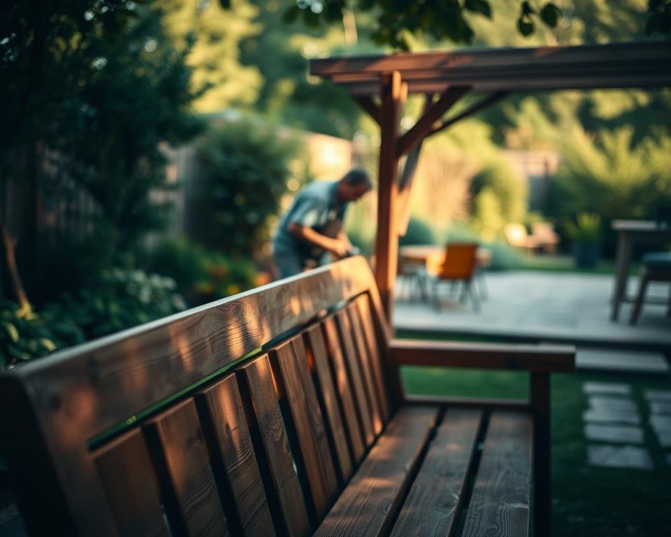 Outdoor furniture maintenance, a backyard scene with a sturdy wooden bench in the foreground. Soft, diffused lighting illuminates the scene, casting warm shadows. In the middle ground, a person meticulously sanding the bench's surface, preparing it for a fresh coat of protective sealant. The background features lush greenery, a verdant garden, and a glimpse of a tranquil patio or deck. The overall atmosphere conveys a sense of calm, mindful care, and a dedication to preserving the longevity of outdoor furnishings. A serene, inviting setting that inspires a cozy, well-maintained backyard retreat.