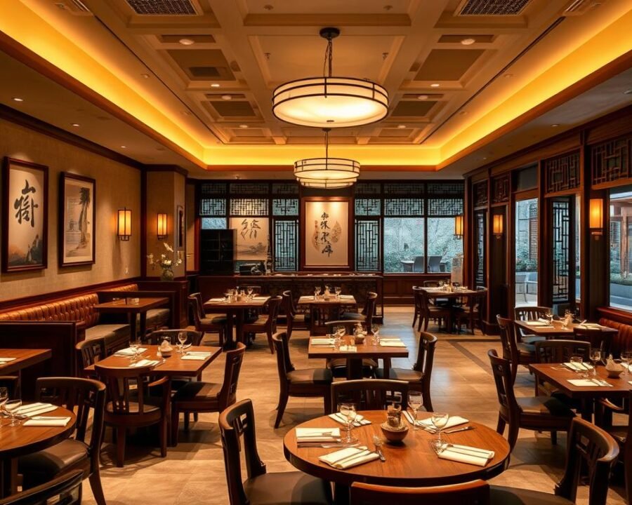 Prompt A warm, inviting interior of Chen Garden in Asheville, North Carolina. Soft, diffused lighting illuminates the elegant wooden furnishings and intricately carved accents, creating a serene ambiance. Traditional Chinese artwork, calligraphy, and decorative elements adorn the walls, transporting visitors to a tranquil oasis. The spacious layout features clean lines, flowing forms, and natural materials that blend harmoniously, reflecting the restaurant's commitment to authentic Chinese design. Diners enjoy a sense of calm and comfort as they savor the authentic flavors of the cuisine, immersed in the refined and harmonious atmosphere of Chen Garden.