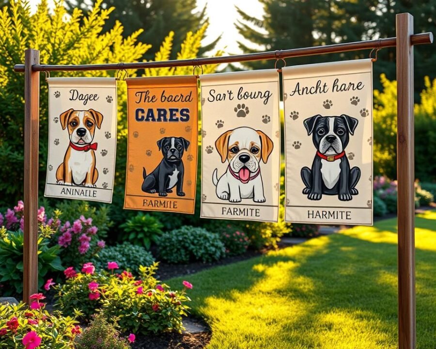 Realistic, vibrant garden scene with a row of personalized dog-themed garden flags. Flags feature intricate, hand-painted designs depicting various dog breeds, breeds' names, paw prints, and playful poses. Flags hang from rustic wooden posts against a lush, verdant backdrop of flowering plants, shrubs, and a neatly manicured lawn. Warm, golden afternoon sunlight filters through the scene, casting gentle shadows. Carefully curated composition highlights the personalized nature and artistry of the custom flags. High-resolution, photorealistic detail throughout.
