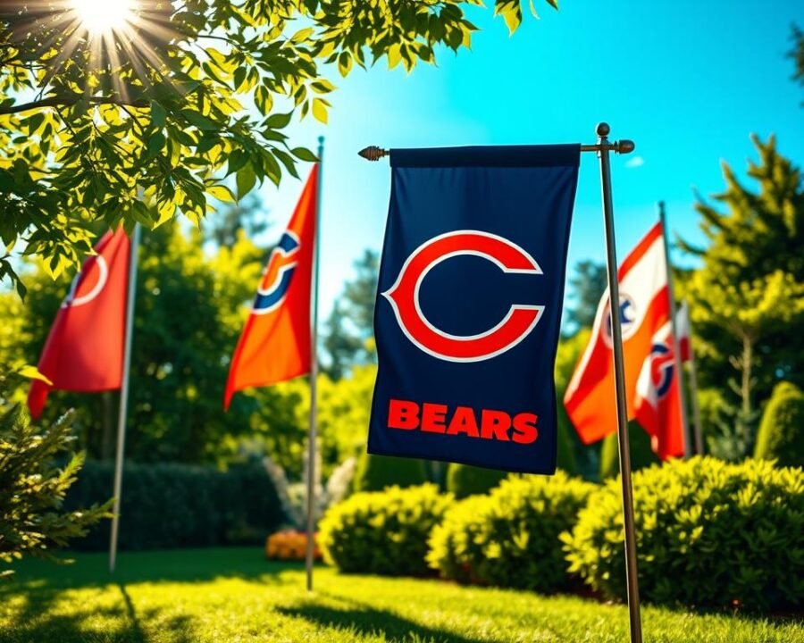Vibrant NFL-themed garden flags displayed in a lush, well-manicured yard. The flags feature bold team logos and colors, standing tall against a backdrop of verdant foliage and a clear, azure sky. Sunlight filters through the leaves, casting a warm, natural glow over the scene. In the foreground, the flags flutter gently in a soft breeze, creating a dynamic, patriotic display that captures the spirit of sports team pride. The overall composition conveys a sense of outdoor celebration and team loyalty, perfectly suited to showcase the Chicago Bears garden flag as the focal point.