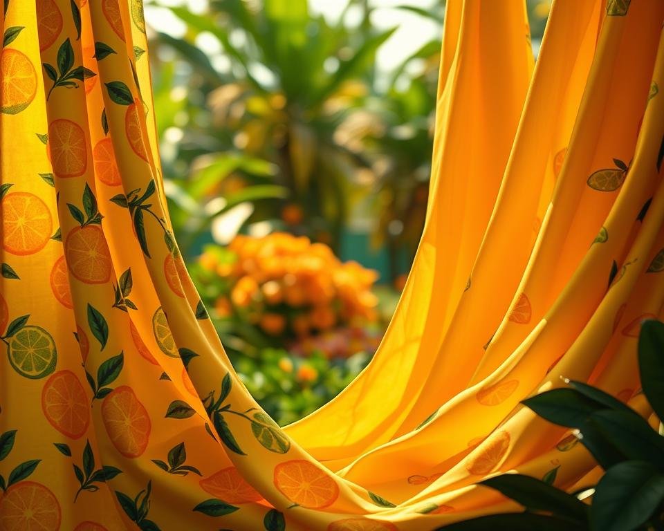 Vibrant summer textiles with a citrus garden motif. In the foreground, a lush array of silky, flowing fabrics in shades of yellow, orange, and green. Textured patterns of lemons, limes, and orange slices dance across the luxurious materials. Soft lighting casts a warm, golden glow, accentuating the vibrant hues. In the middle ground, the fabrics cascade gracefully, their folds and drapes creating a sense of movement and energy. The background blurs into a dreamy, out-of-focus garden, hinting at the organic inspiration behind the designs. An atmosphere of tropical abundance and summery cheer permeates the scene.