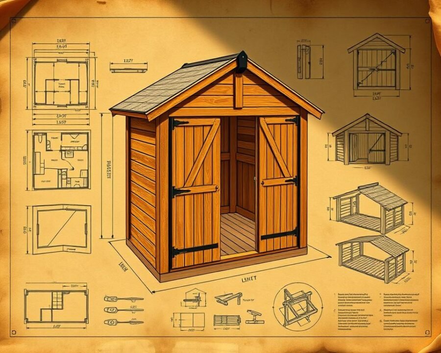a detailed, technical blueprint for a classic English garden shed, with precise measurements and construction details displayed on a weathered parchment background. The shed is a finely crafted wooden structure with a peaked roof, double-hinged doors, and rustic hardware. The blueprint shows the shed's dimensions, floor plan, and elevation views, along with step-by-step instructions for assembly. The lighting is warm and natural, with soft shadows and highlights that accentuate the textural details of the hand-drawn plans. The overall mood is one of practical craftsmanship and DIY ingenuity, capturing the spirit of creating the perfect English garden retreat.