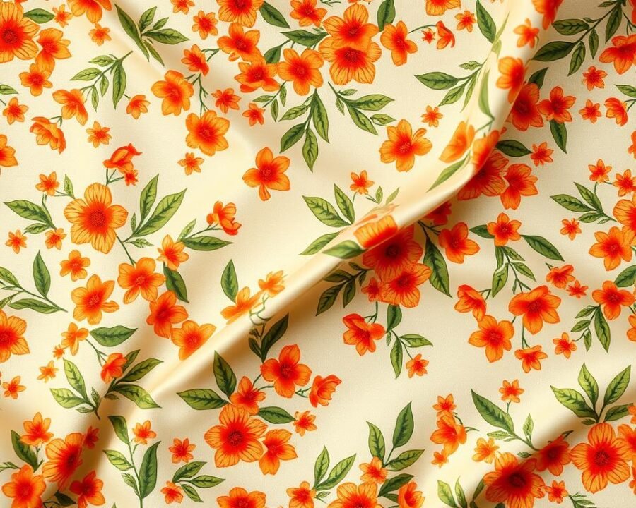 a high-quality, detailed, and photorealistic image of an orange blossom textile, showcasing a lush, vibrant pattern of delicate orange flowers and leaves against a soft, neutral background. The fabric has a luxurious, silky texture with a subtle sheen. The image is well-lit, capturing the intricate details and vibrant colors of the floral design. The composition is balanced, with the pattern filling the frame and creating a sense of depth and dimension. The overall mood is calming, elegant, and inviting, reflecting the natural beauty and soothing qualities of the citrus garden fabric.