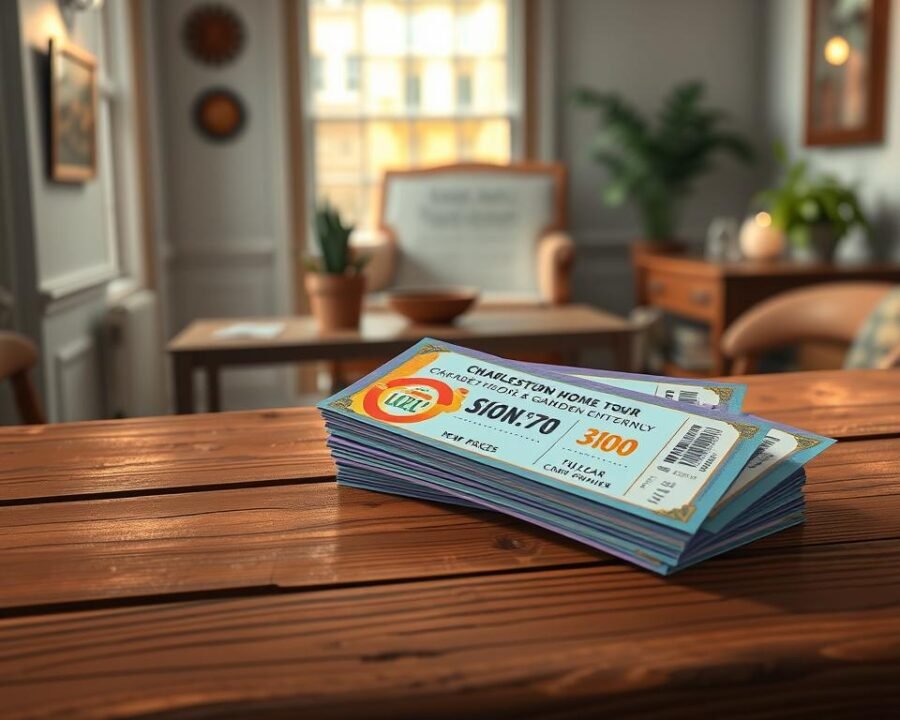 a high-quality digital illustration of Charleston home tour ticket prices displayed on a wooden surface, with a warm, inviting atmosphere. the foreground features a stack of colorful tickets with clear pricing information, carefully arranged on a rustic wooden table or counter. the middle ground shows a minimal, elegant layout with subtle details like a potted plant or decorative element. the background hints at the historic Charleston architecture or a cozy interior, providing a sense of place. the lighting is soft and natural, creating a welcoming and informative scene. the overall composition is balanced, visually appealing, and effectively communicates the ticket information for the Charleston home and garden tour.