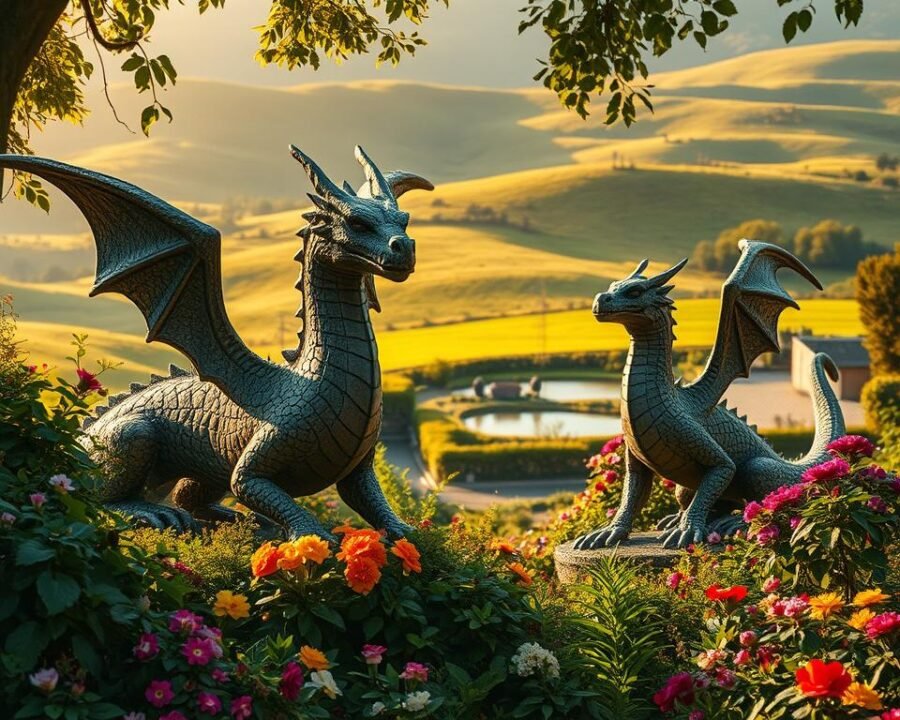 a lush, verdant garden with towering concrete dragon sculptures nestled amongst flourishing foliage and vibrant flowers. the dragons are posed in dynamic, life-like stances, their intricate details and textures captured in high resolution. the scene is bathed in warm, golden light, casting dramatic shadows and highlights that accentuate the sculpted forms. the background is a tranquil, picturesque landscape with rolling hills and a serene pond, creating a peaceful, enchanting atmosphere. the composition is balanced and visually compelling, inviting the viewer to step into this fantastical world of mythical creatures integrated seamlessly into the natural environment.