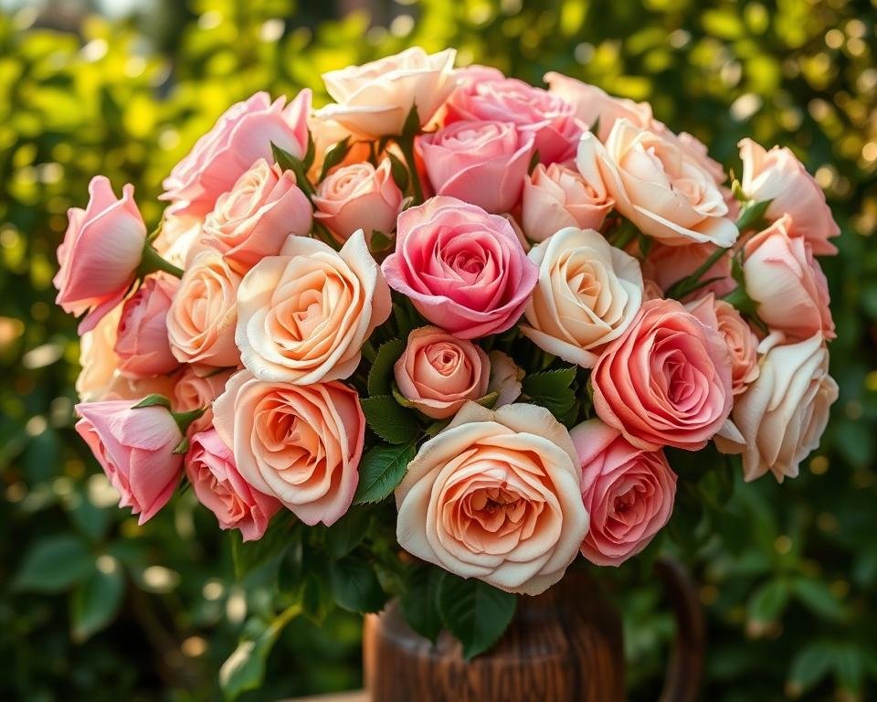 a lush, vibrant bouquet of Eugenie garden roses in varying shades of pink, soft peach, and creamy white, arranged artfully in a rustic wooden vase set against a backdrop of verdant foliage and warm, diffused natural lighting. the roses are captured in sharp focus, their velvety petals and graceful stems highlighted by the gentle shadows and highlights. the overall composition evokes a sense of timeless elegance and natural beauty, perfectly suited to illustrate the "Designing with Eugenie Garden Roses" section of the "Easels in the Garden: Edenton, NC's Outdoor Art Scene" article.